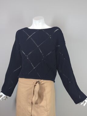 Women's Black Openwork Diamond Knit Sweater Fall Oversized